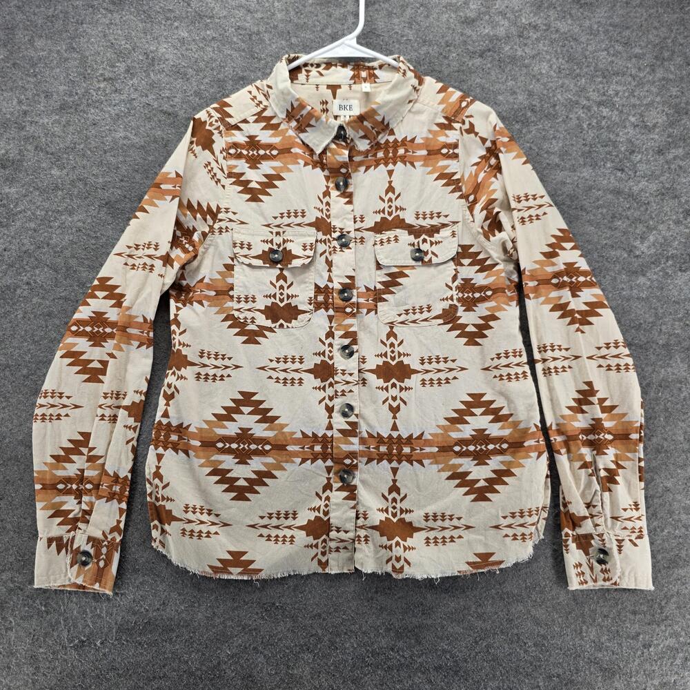 BKE Button-Up Womens M Beige Geometric Fringe Pockets 100% Cotton Relaxed Fit